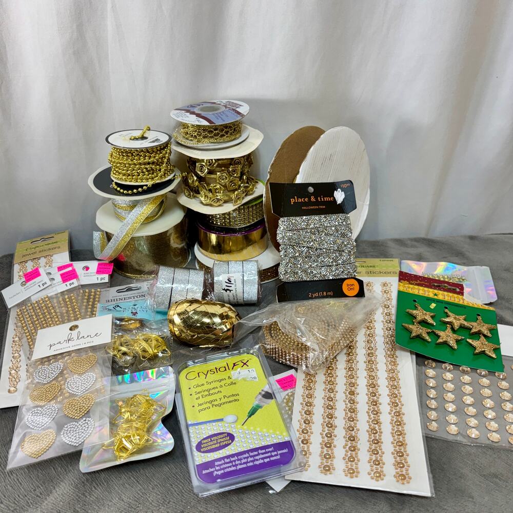 Metallic Gold Crafting Lot Bling Ribbon Embellishments Trim Jewels Gem Stickers